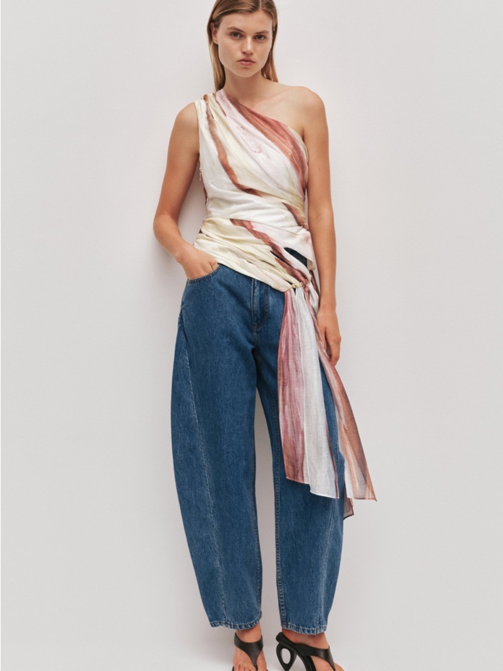 Aje One-Shoulder Draped Top in White, Cream & Brown Wash